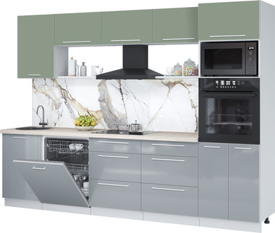 Кухонный гарнитур Interline Пластик 2.9-ПМ1  (туманный глянец/полынь/травертин серый)
