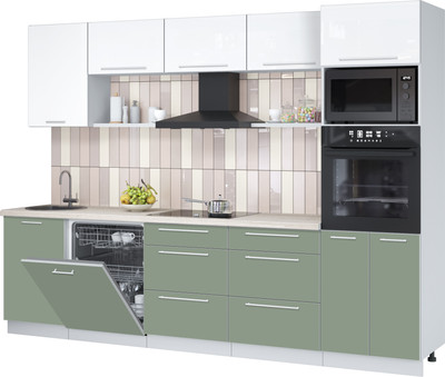 Кухонный гарнитур Interline Пластик 2.9-ПМ1  (полынь/белый глянец/травертин серый)