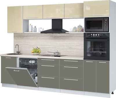 Кухонный гарнитур Interline Пластик 2.9-ПМ1 (кварцевый/ваниль глянец/травертин серый)