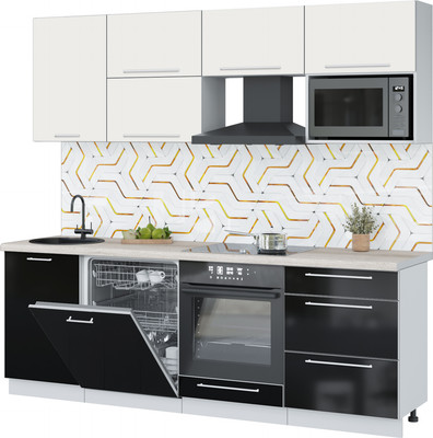 Кухонный гарнитур Interline Пластик 2.3-ПМ2  (черный глянец/зефирный/травертин серый)