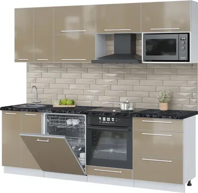 Кухонный гарнитур Interline Пластик 2.4-ПМ2  (капучино глянец/капучино глянец/кастилло темный)