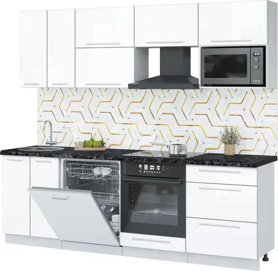 Кухонный гарнитур Interline Пластик 2.4-ПМ2  (белый глянец/белый глянец/кастилло темный)