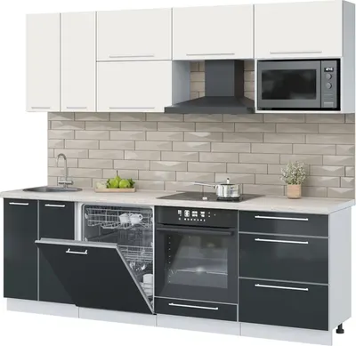 Кухонный гарнитур Interline Пластик 2.4-ПМ2  (антрацит глянец/зефирный/травертин серый)