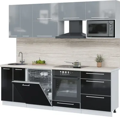 Кухонный гарнитур Interline Пластик 2.4-ПМ2  (черный глянец/туманный глянец/травертин серый)