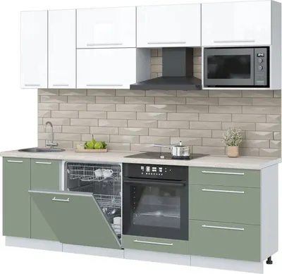 Кухонный гарнитур Interline Пластик 2.4-ПМ2  (полынь/белый глянец/травертин серый)