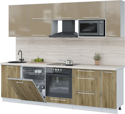 Кухонный гарнитур Interline Пластик 2.6-ПМ2 (дуб эпоксид/капучино глянец/травертин серый)