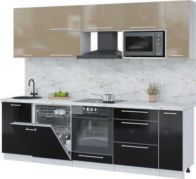 Кухонный гарнитур Interline Пластик 2.6-ПМ2 (черный глянец/капучино глянец/серый каспий)