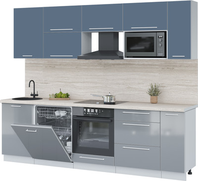 Кухонный гарнитур Interline Пластик 2.6-ПМ2 (туманный глянец/арктический/травертин серый)