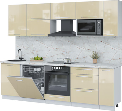 Кухонный гарнитур Interline Пластик 2.6-ПМ2 (ваниль глянец/ваниль глянец/серый каспий)