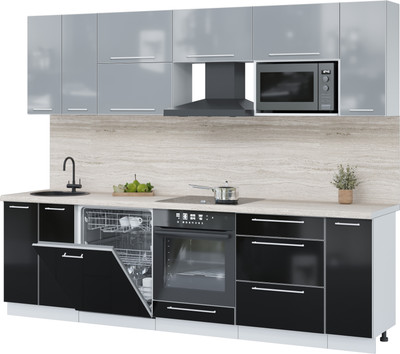 Кухонный гарнитур Interline Пластик 2.7-ПМ2 (черный глянец/туманный глянец/травертин серый)