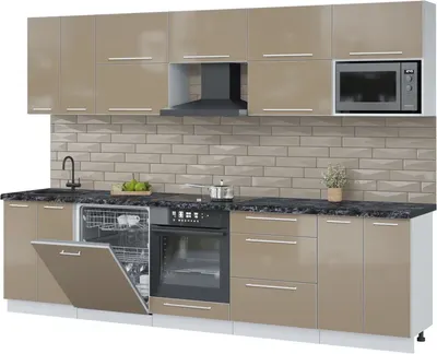 Кухонный гарнитур Interline Пластик 3.0-ПМ2 (капучино глянец/капучино глянец/кастилло темный)