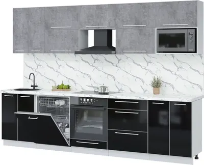 Кухонный гарнитур Interline Пластик 3.0-ПМ2 (черный глянец/оксид темный/белый гранит)