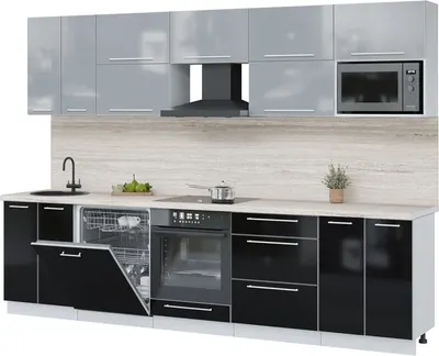 Кухонный гарнитур Interline Пластик 3.0-ПМ2 (черный глянец/туманный глянец/травертин серый)