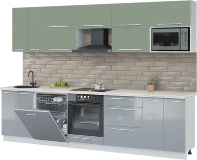 Кухонный гарнитур Interline Пластик 3.0-ПМ2 (туманный глянец/полынь/травертин серый)