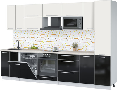 Кухонный гарнитур Interline Пластик 3.2-ПМ2  (черный глянец/зефирный/травертин серый)