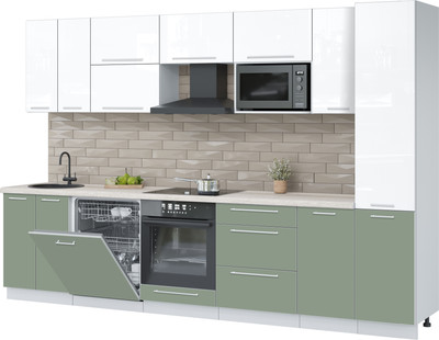 Кухонный гарнитур Interline Пластик 3.2-ПМ2  (полынь/белый глянец/травертин серый)