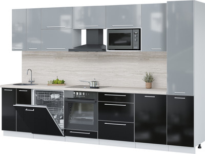 Кухонный гарнитур Interline Пластик 3.3-ПМ2  (черный глянец/туманный глянец/травертин серый)