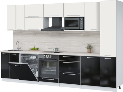Кухонный гарнитур Interline Пластик 3.3-ПМ2  (черный глянец/зефирный/травертин серый)