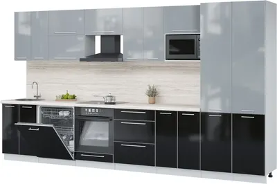 Кухонный гарнитур Interline Пластик 3.8-ПМ2  (черный глянец/туманный глянец/травертин серый)