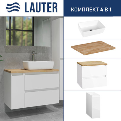 Тумба с умывальником Lauter Mia 60 + 21674A (белый глянец, со столешницей из цельного дуба Mia 80 и шкафом Cargo Mia 20)