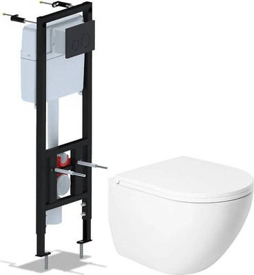 Унитаз подвесной с инсталляцией Saniteco KW-9003W Single (безободковый) + Ани Пласт WCP4133