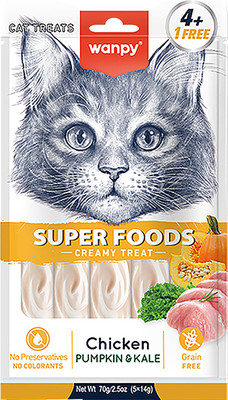 Лакомство для кошек Wanpy Cat Нежное пюре из курицы с тыквой и кейлом (70г)