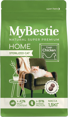 Сухой корм для кошек MyBestie Хоум Стерилизованный с курицей / 4544-15-MBH-CAT (1.5кг)