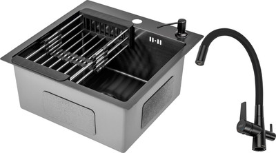 Мойка кухонная со смесителем Saniteco 4848 Nano + HB76859-7 (с сифоном, дозатором и коландером)