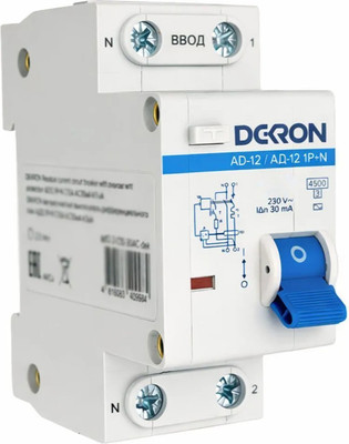 Дифференциальный автомат DEKRON АД12 1P+N C16A АС10мА 4.5kA / ad12-2-C16-10AC-dek