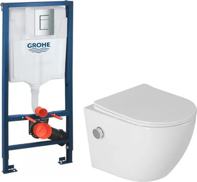 Унитаз подвесной с инсталляцией Saniteco Rimless RT-203-B1 + GROHE Rapid SL 38772001 (c функцией биде/кнопка хром)