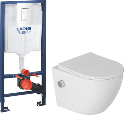 Унитаз подвесной с инсталляцией Saniteco Rimless RT-203-B1 + GROHE Rapid Sl 38772SH0 (c функцией биде/кнопка белая)