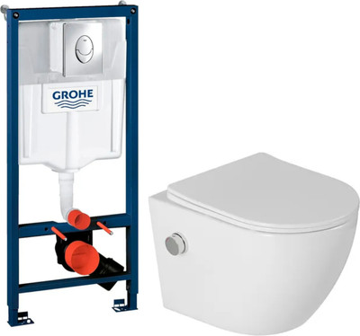 Унитаз подвесной с инсталляцией Saniteco Rimless RT-203-B1 + GROHE Rapid SL 38721001 (c функцией биде/кнопка хром глянец)