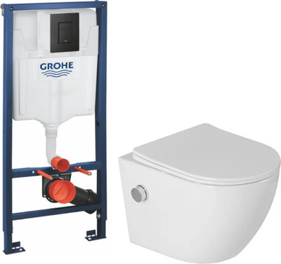 Унитаз подвесной с инсталляцией Saniteco Rimless RT-203-B1 + GROHE Solido 38811KF0 (c функцией биде/кнопка черный матовый)