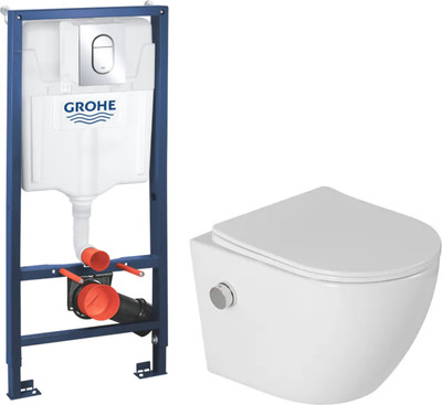 Унитаз подвесной с инсталляцией Saniteco Rimless RT-203-B1 + GROHE Rapid SL 39504000 (c функцией биде/кнопка хром глянец)