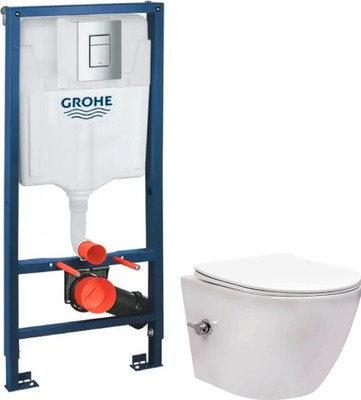 Унитаз подвесной с инсталляцией Saniteco Rimless RT-203-B + GROHE Rapid SL 38772001 (c функцией биде/кнопка хром)