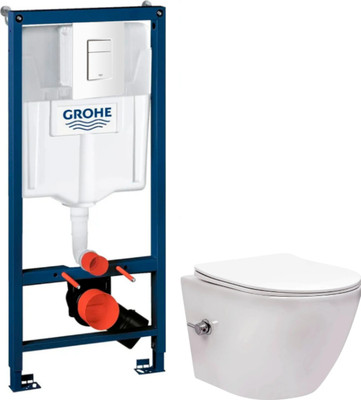 Унитаз подвесной с инсталляцией Saniteco Rimless RT-203-B + GROHE Rapid SL 38772SH0 (c функцией биде/кнопка белый глянец)