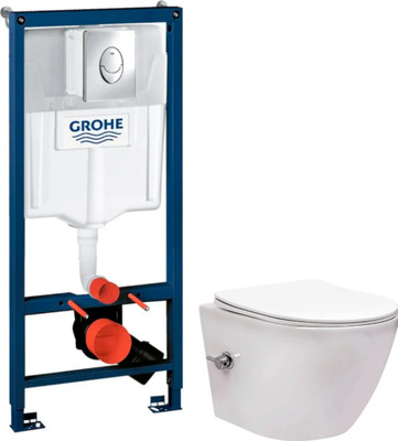 Унитаз подвесной с инсталляцией Saniteco Rimless RT-203-B + GROHE Rapid SL 38721001 (c функцией биде/кнопка хром глянец)