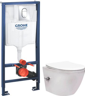 Унитаз подвесной с инсталляцией Saniteco Rimless RT-203-B + GROHE Rapid SL 39504000 (c функцией биде/кнопка хром глянец)
