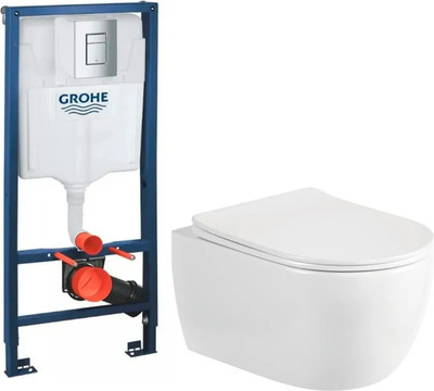 Унитаз подвесной с инсталляцией Saniteco Rimless R-209W + GROHE Rapid SL 38772001 (с кнопкой хром)