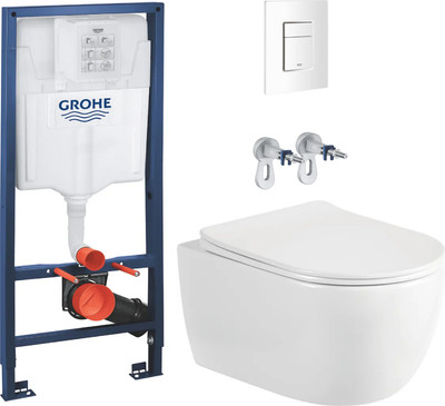 Унитаз подвесной с инсталляцией Saniteco Rimless R-209W + GROHE Rapid SL 38772SH0 (с кнопкой белый глянец)