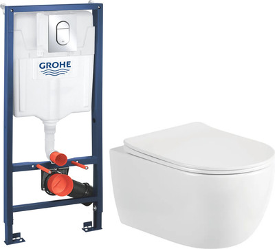 Унитаз подвесной с инсталляцией Saniteco Rimless R-209W + GROHE Rapid SL 39504000 (с кнопкой хром глянец)