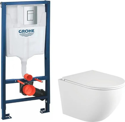 Унитаз подвесной с инсталляцией Saniteco Rimless R-203M + GROHE Rapid SL 38772001 (с кнопкой хром)