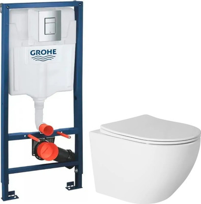 Унитаз подвесной с инсталляцией Saniteco Rimless R-203 + GROHE Rapid SL 38772001 (с кнопкой хром)