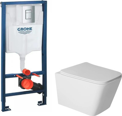 Унитаз подвесной с инсталляцией Saniteco Rimless R-202W + GROHE Rapid SL 38772001 (с кнопкой хром)
