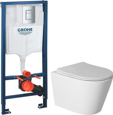 Унитаз подвесной с инсталляцией Saniteco Rimless R-201W + GROHE Rapid SL 38772001 (с кнопкой хром)