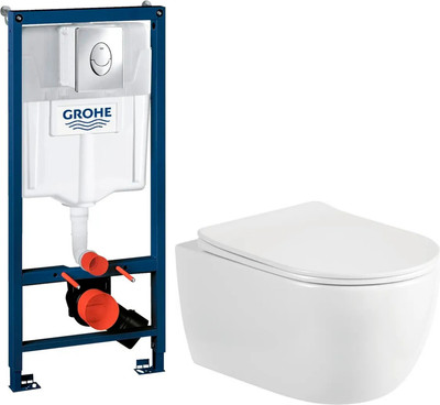 Унитаз подвесной с инсталляцией Saniteco Rimless R-209W + GROHE Rapid SL 38721001 (с кнопкой хром глянец)