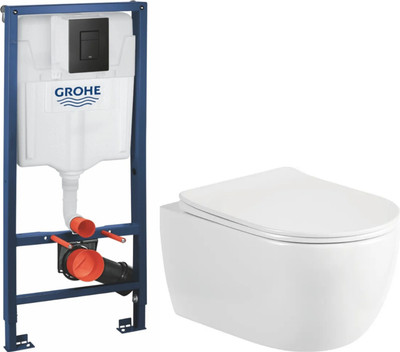 Унитаз подвесной с инсталляцией Saniteco Rimless R-209W + GROHE Solido 38811KF0 (с кнопкой черный матовый)