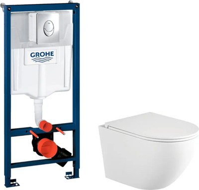 Унитаз подвесной с инсталляцией Saniteco Rimless R-203M + GROHE Rapid SL 38721001 (с кнопкой хром глянец)