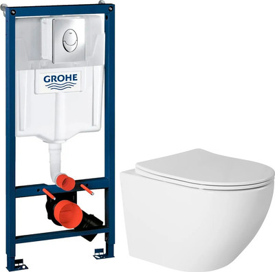 Унитаз подвесной с инсталляцией Saniteco Rimless R-203 + GROHE Rapid SL 38721001 (с кнопкой хром глянец)