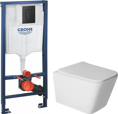 Унитаз подвесной с инсталляцией Saniteco Rimless R-202W + GROHE Solido 38811KF0 (с кнопкой черный матовый)